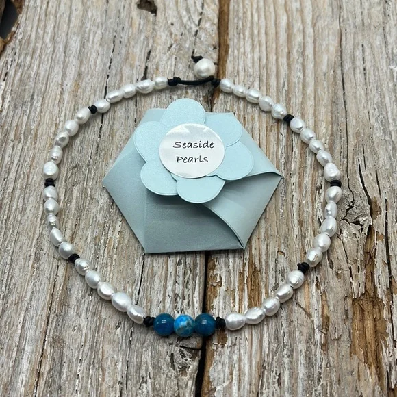 Seaside Pearls Aqua Apatite Beaded Freshwater Pearl Leather Choker Necklace New - Picture 3 of 3